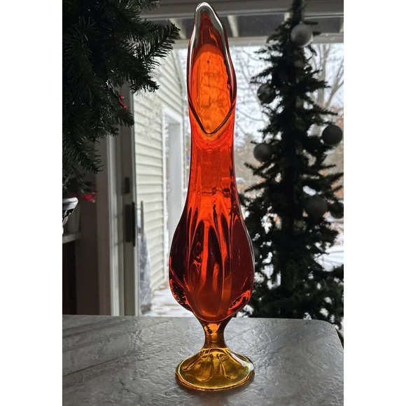 Vintage VIKING ORANGE Persimmon 6 Petal Long HEAVY PEDESTAL SWUNG VASE 18.5” - Picture 2 of 11